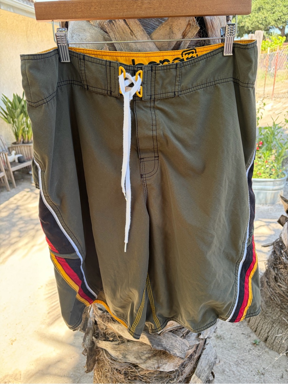 Billabong Olive Green Board Shorts with Red & Yellow Stripe Accents